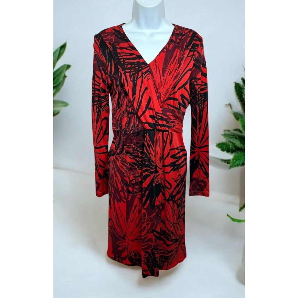 HUGO BOSS Red Black Print Knit Dress Sz Small Long-Sleeve Faux Wrap Knee Length